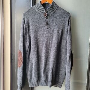 Chaps Men’s Gray Knit Sweater Medium Suede Brown Elbow Patches Cotton Logo